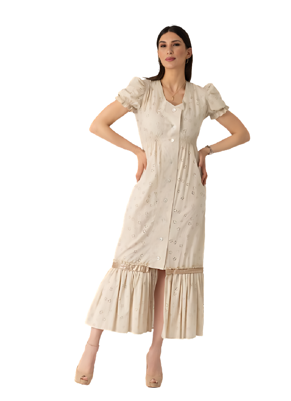 long embroidery dress, short sleeve embroidered gown, short sleeve dress, eyelet dress