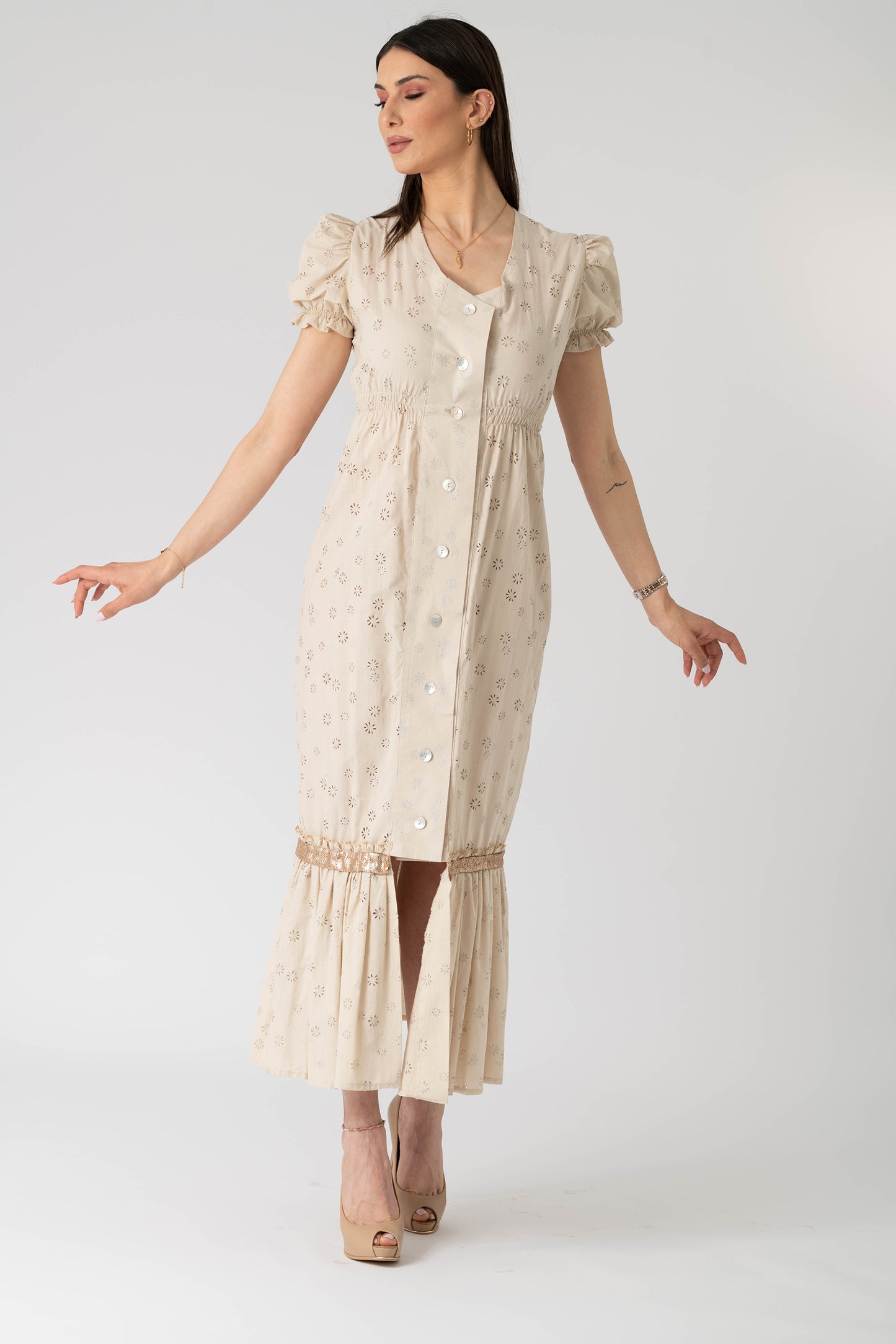 Beige eyelet dress. white eyelet dress, cotton eyelet dress